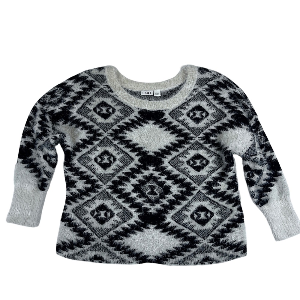 Cato Womens Black White Geometric Fuzzy Eyelash Knit Crop 3/4 Sleeve Sweater L